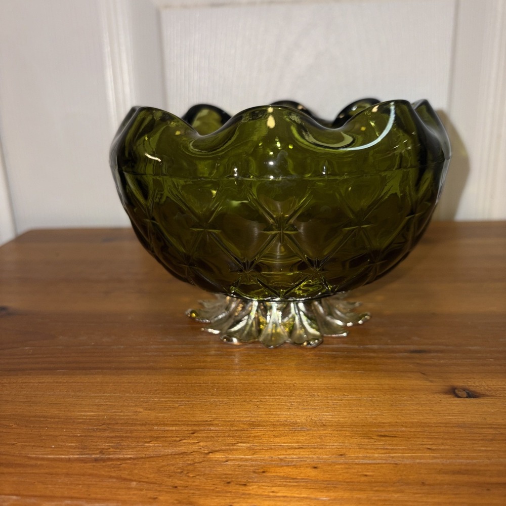 Vintage 1960's Indiana Glass Emerald  Green Gold Footed Pineapple Bowl